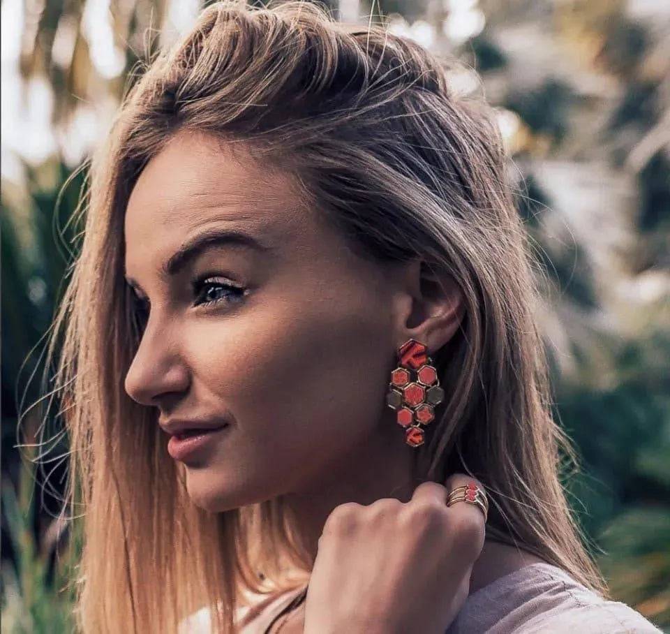 Hexagon Chandelier Earrings-Coral Crush Gold.