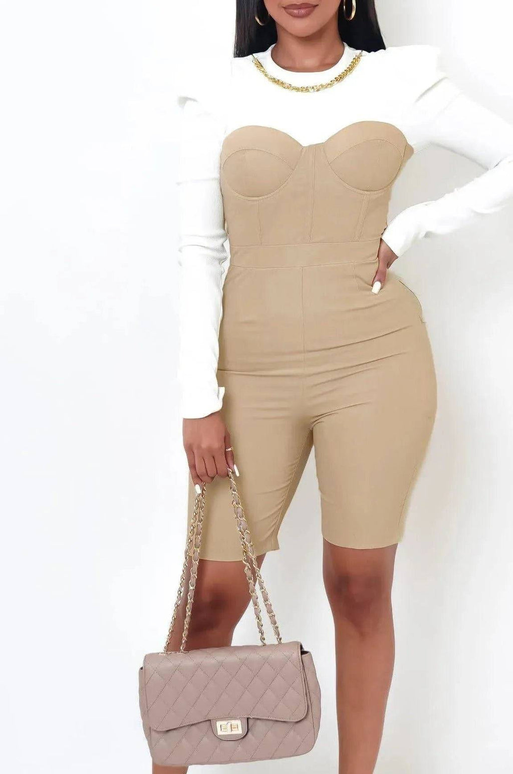 High School Romper-Beige.