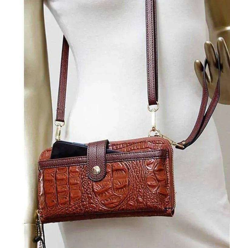 Jade Embo Leather Wallet Wristlet-COGNAC.