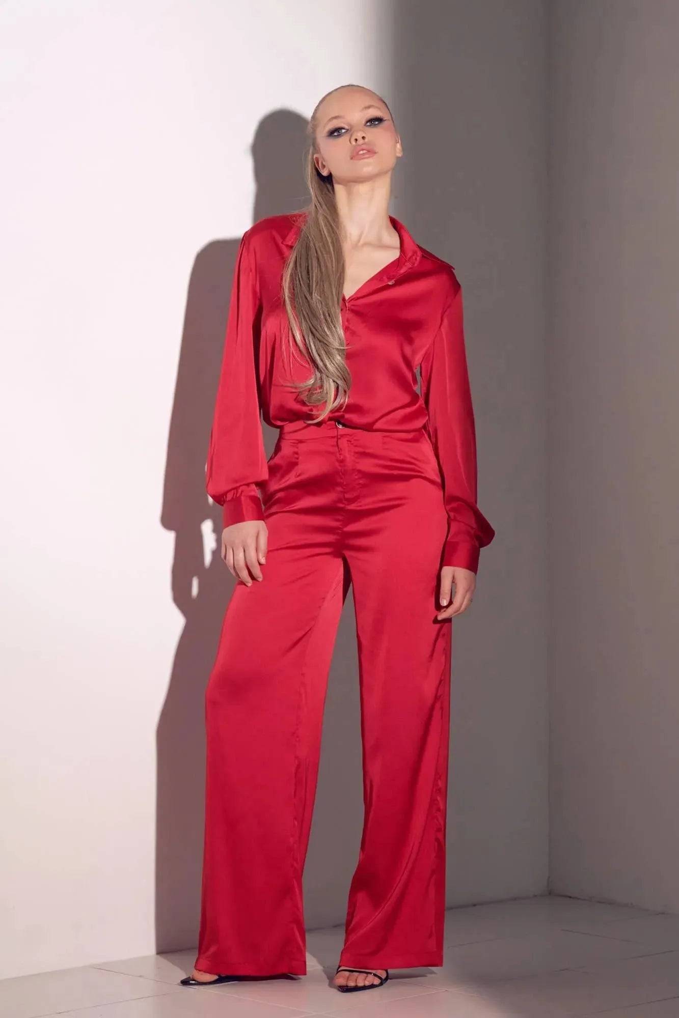 Kassi Satin Top and Pant Set-Red.