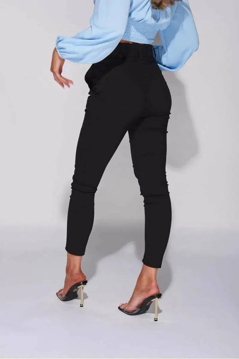 Lapel Detail Ruched Sleeve Blazer with Pintuck Tapered Trousers Set-Black.