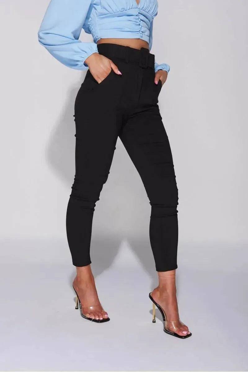 Lapel Detail Ruched Sleeve Blazer with Pintuck Tapered Trousers Set-Black.