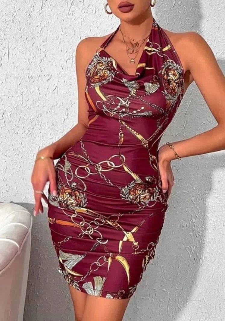 Link Chain Bodycon Midi Dress-Wine.