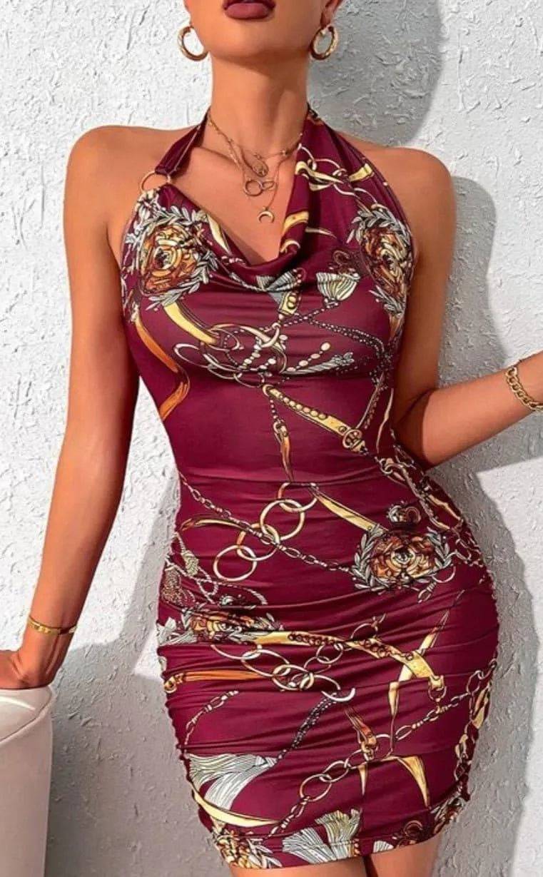 Link Chain Bodycon Midi Dress-Wine.