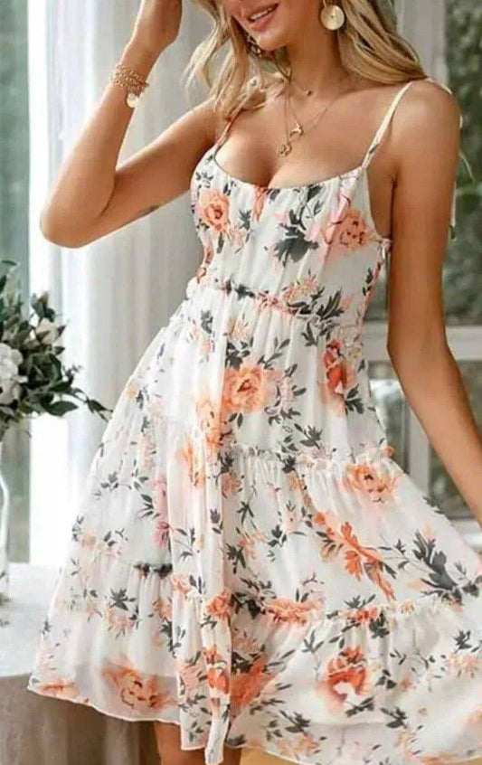 Lovely Floral Mini Dress-Cream.