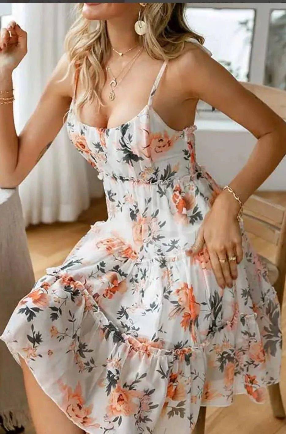 Lovely Floral Mini Dress-Cream.