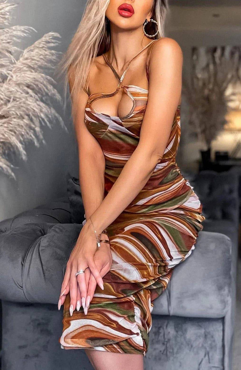 Marilka Patterned Mesh Insert Dress-Brown.