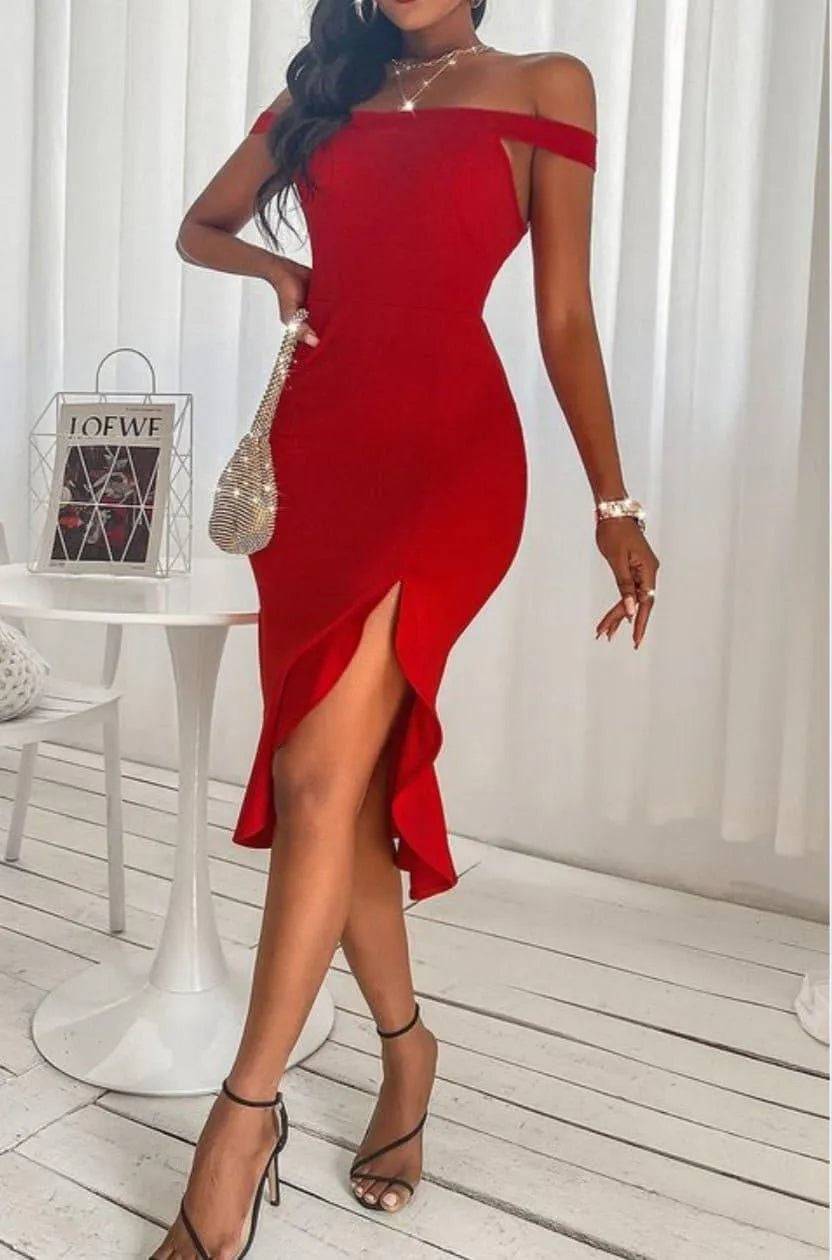 Move-On Midi Dress-Red.