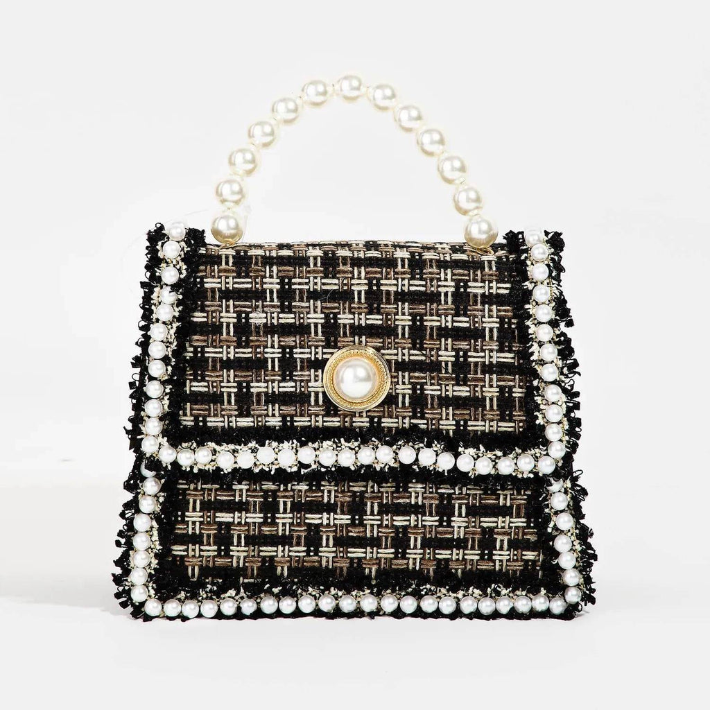 Pearly Studded Woven Handbag-Black.