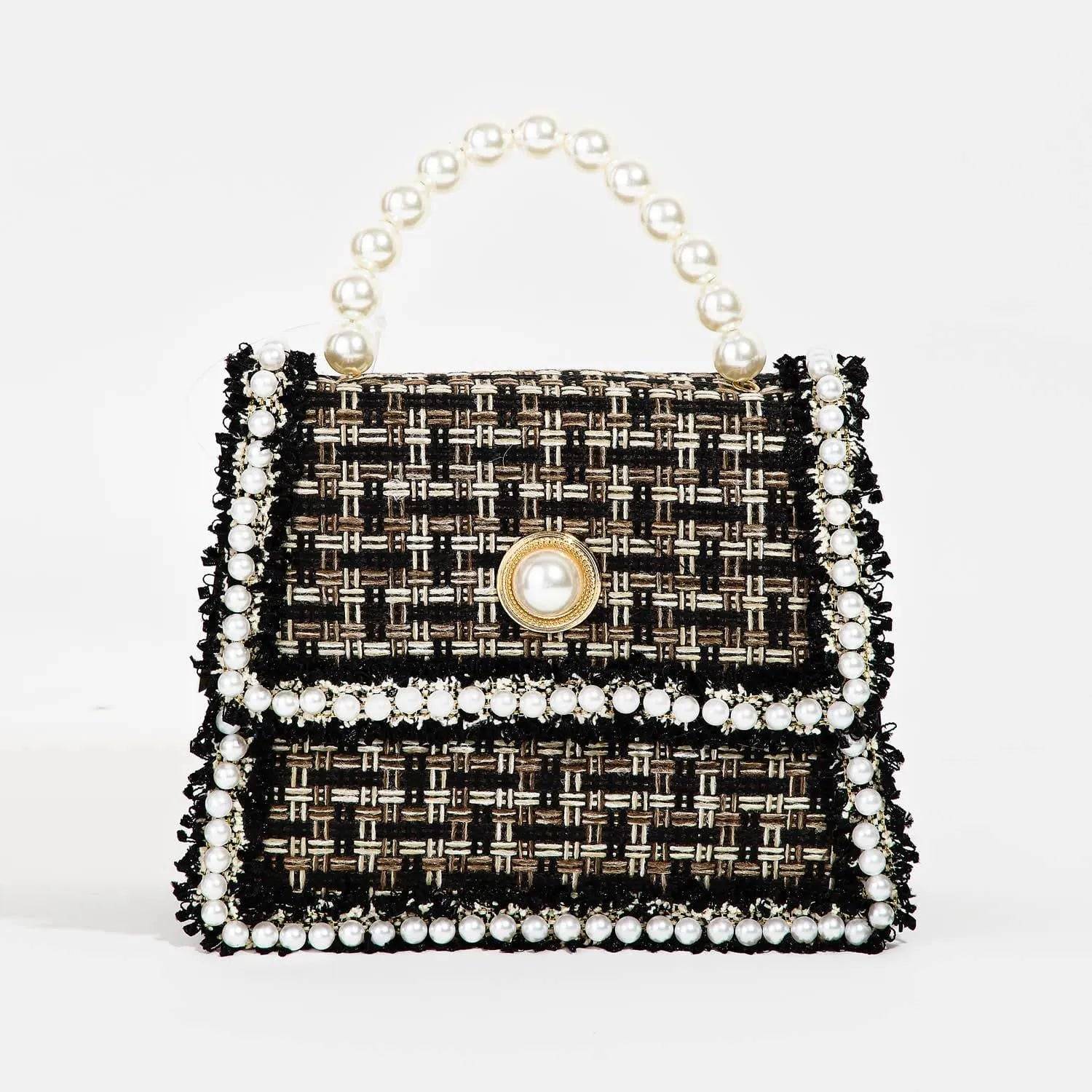 Pearly Studded Woven Handbag-Black.