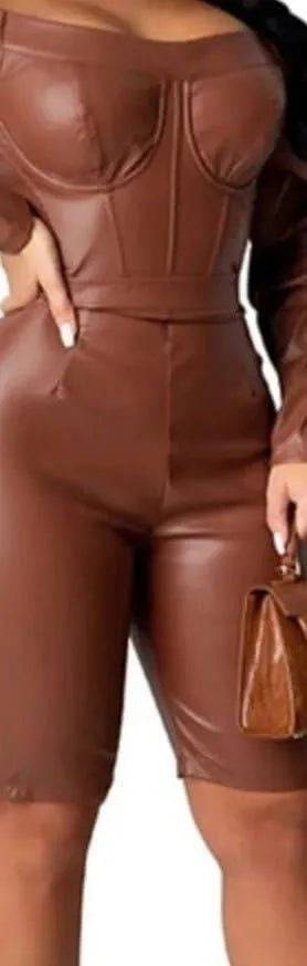 Sexy PU Leather Jumpsuit-Brown.