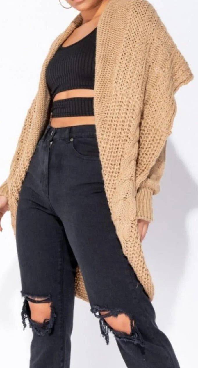Tammi Shawl Collar Longline Cardigan-Camel.