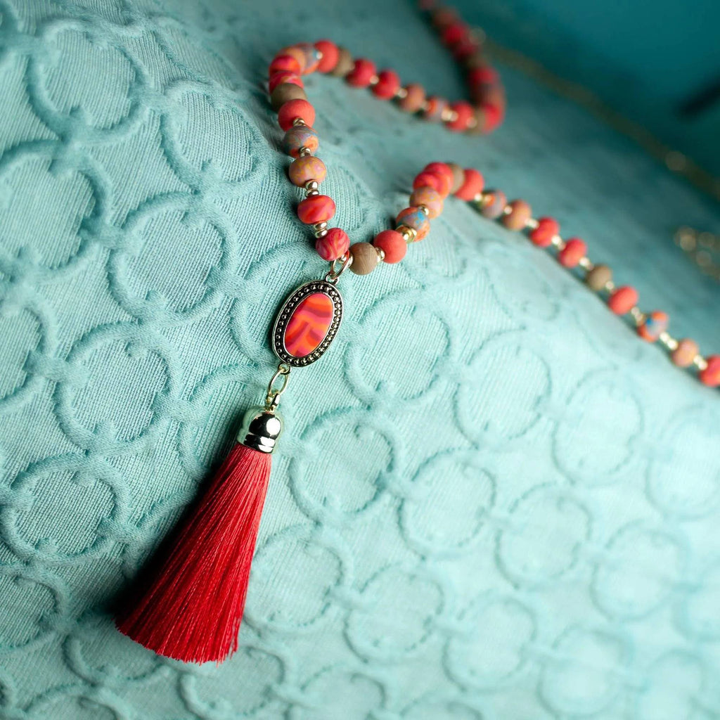 Tassel Beaded Necklace-Coral Crush.