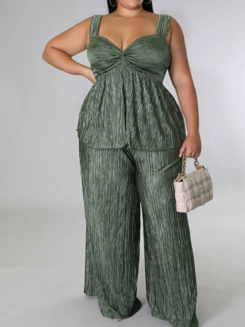 Women Wide Leg Plus Pant Set-Green.